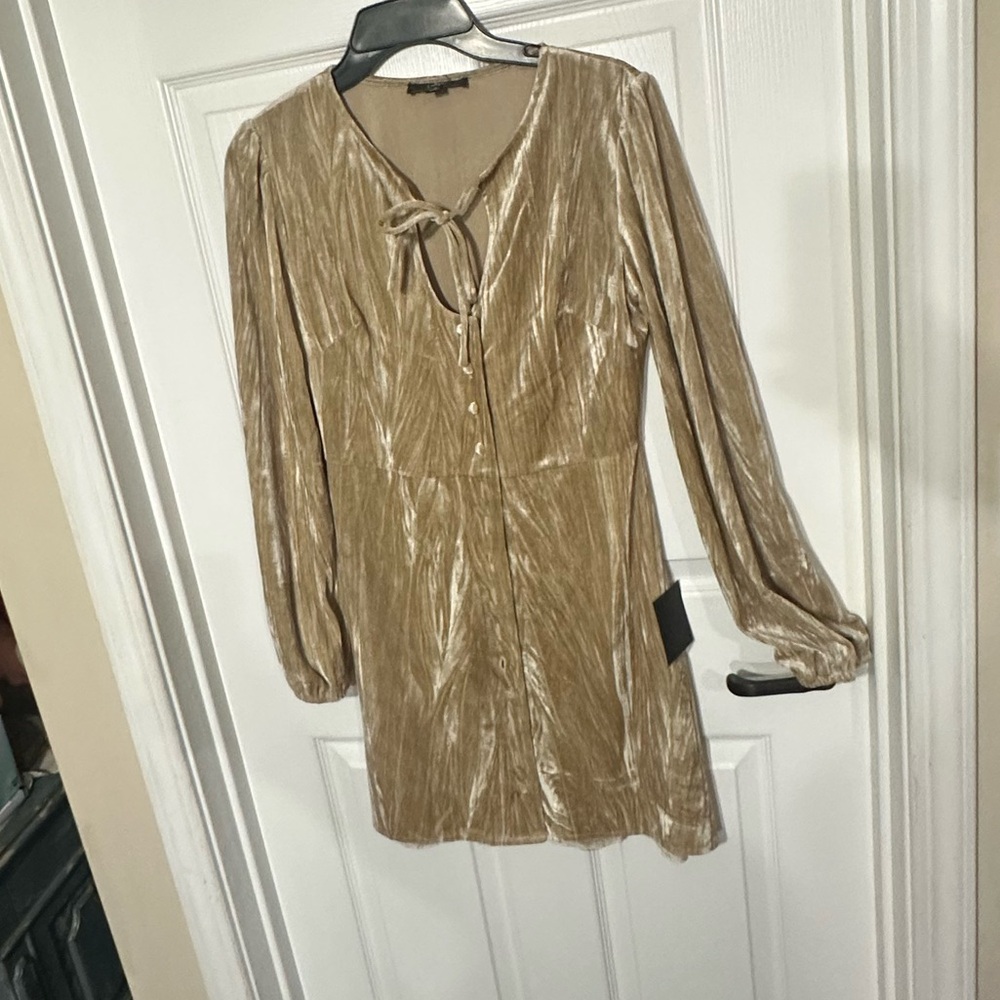 Lulu's Velvet Gold Dress deep cut long sleeve